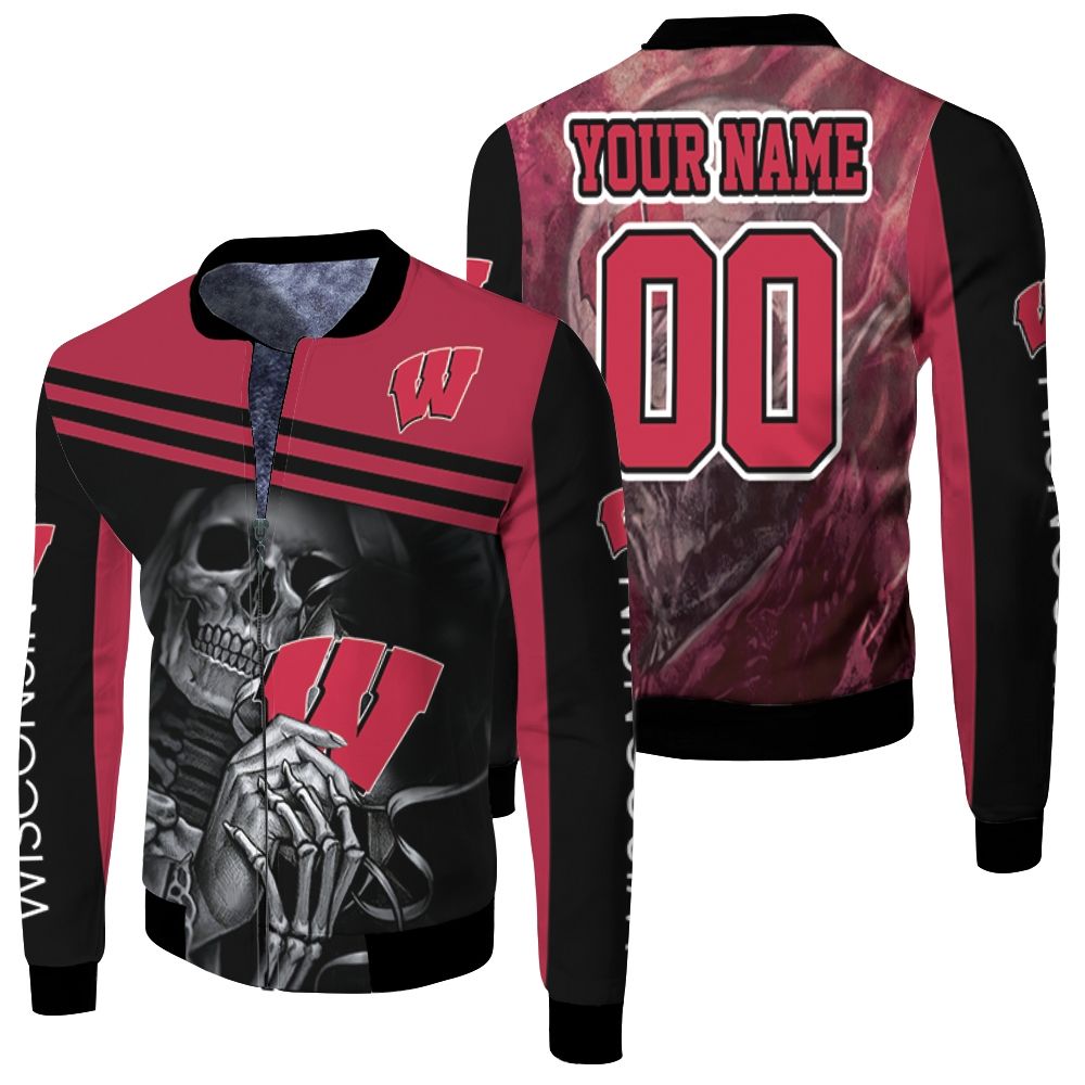 Skull Wisconsin Badgers 3d Personalized Fleece Bomber Jacket