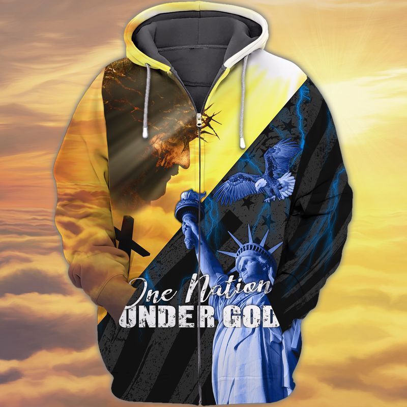 Statue Of Liberty Jesus One Nation Under God 3d Zip Hoodie