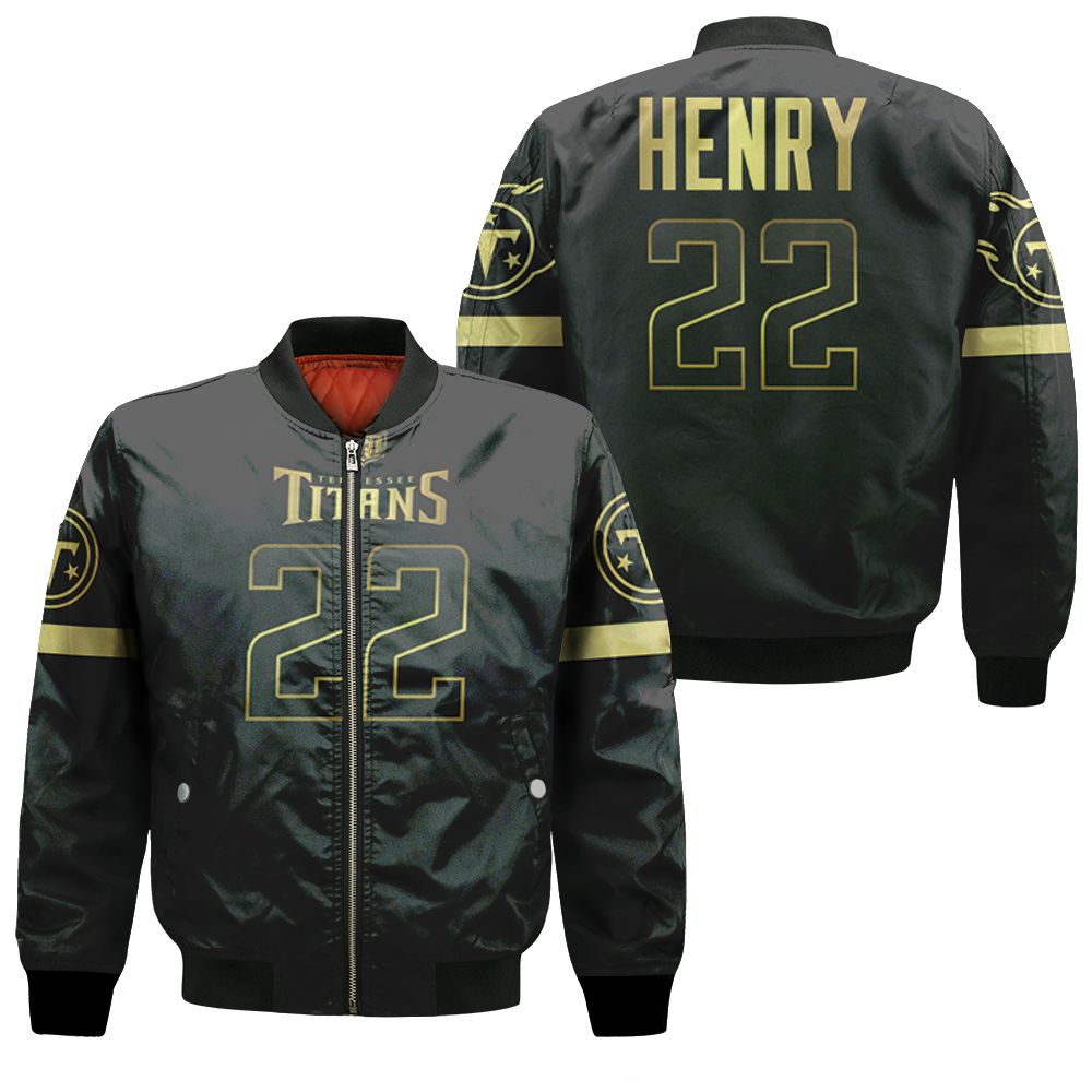 Tennessee Titans Derrick Henry #22 Nfl America Football Team Logo Black Golden Edition 3d Designed Allover Gift For Titans Fans Bomber Jacket