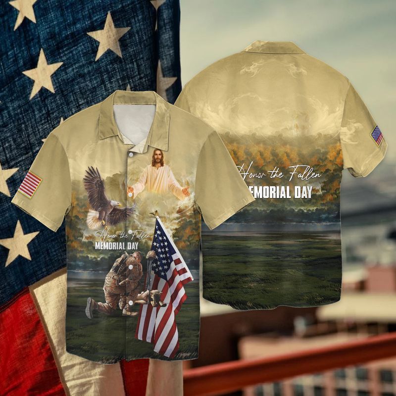 4th Of July Independence Day Memorial Day Eagle And Jesus Honor The Fallen Hawaiian Shirt