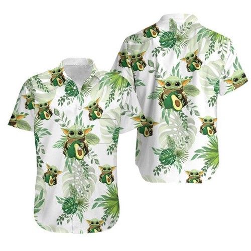 Baby Yoda Hugging Avocadoes Tropical Leaves Hawaiian Shirt
