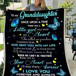 Blue Butterfly To My Graddaughter Keep Me In Your Heart And I’ll Stay There Forever Love Grandma Fleece Blanket Quilt Blanket