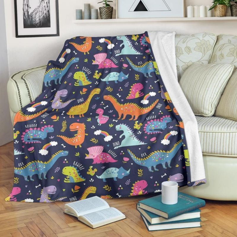 Cartoon Dino Dinosaur Fleece Blanket, Premium Comfy Sofa Throw Blanket Gift