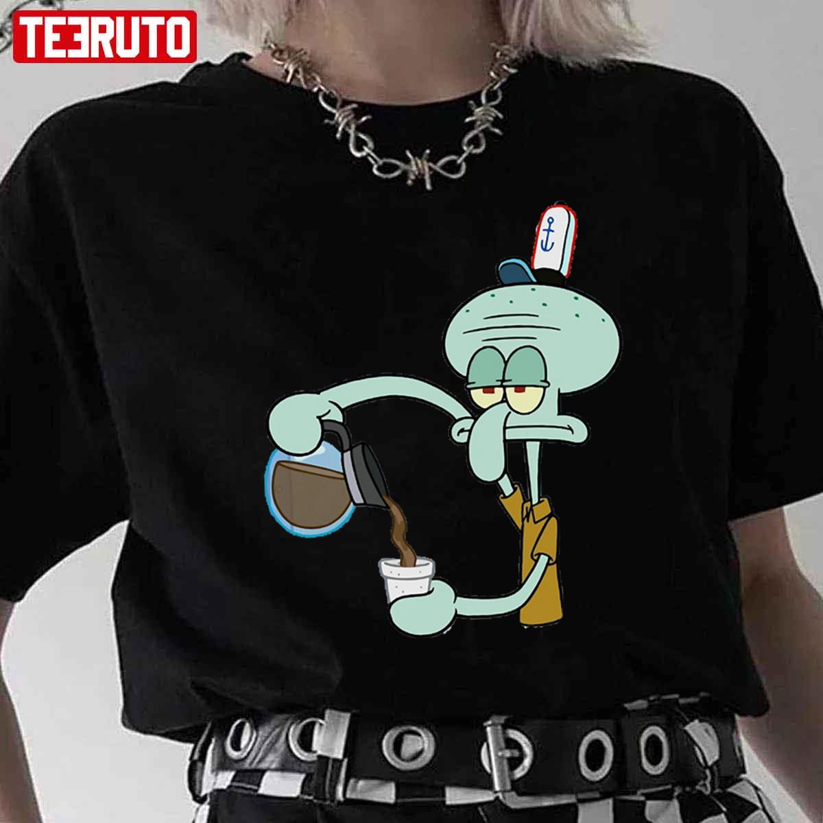 Cartoon Squidward Funny Drinking Coffee Unisex T-Shirt