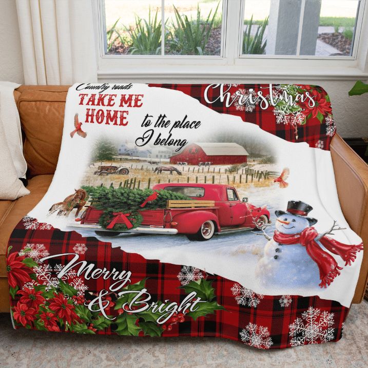 Christmas Gift , Merry Christmas Country Road Take Me Home Comfy Sofa Throw Blanket Gift