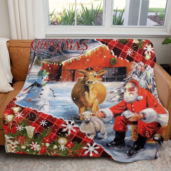 Christmas Gift , Santa At The Farm Comfy Sofa Throw Blanket Gift