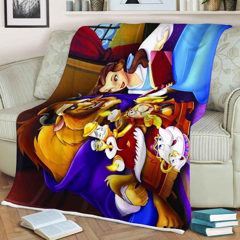 Disney Beauty And The Beast Gift For Fan, Disney Chip Lumiere Cogsworth Beast Belle Comfy Sofa Throw Blanket Gift