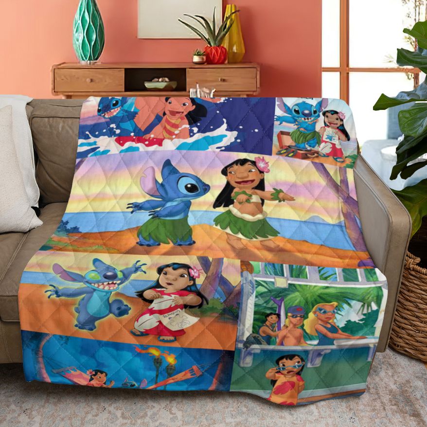 Disney Lilo And Stitch 2 Ohana Mean Family Quilt Blanket, Funny Lilo And Stitch Dancing On The Beach Quilt Blanket