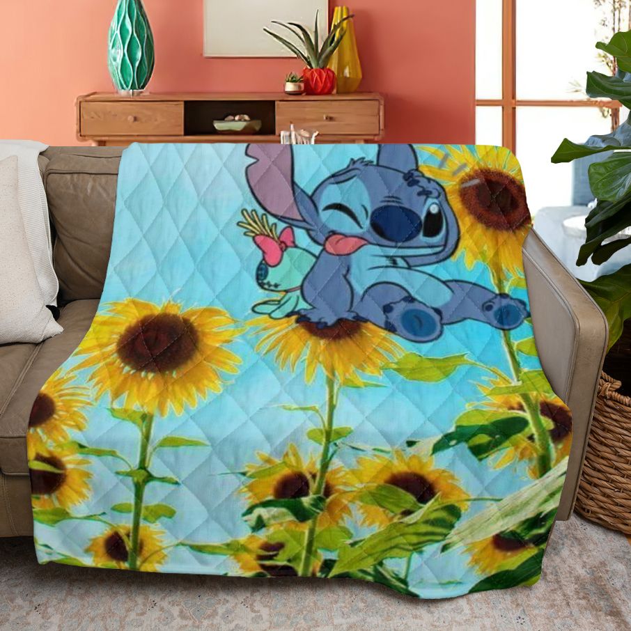 Disney Stitch Ohana Quilt Blanket, Funny Stitch With Sunflower Quilt Blanket
