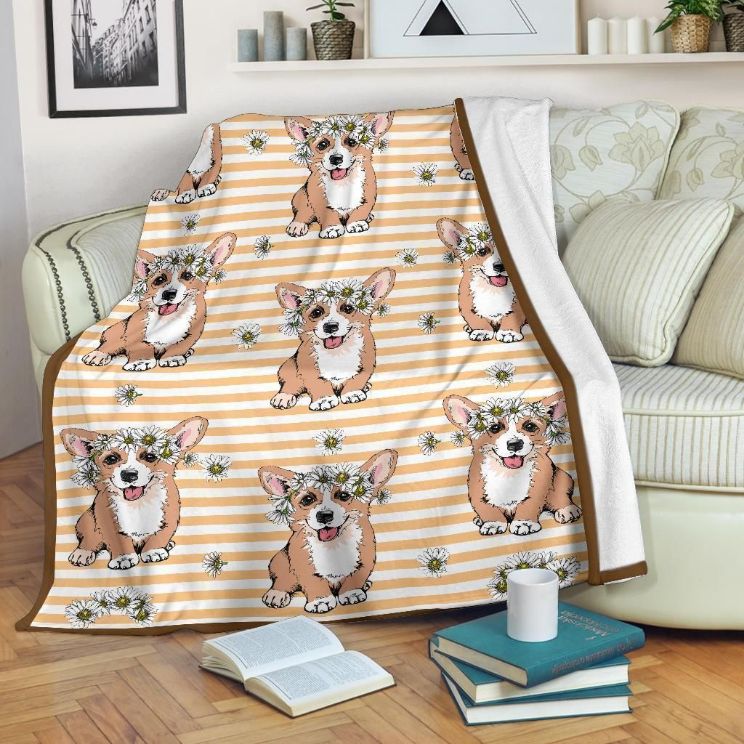 Floral Pattern Corgi Dog Lovers Fleece Blanket Gift For Fan, Premium Comfy Sofa Throw Blanket Gift