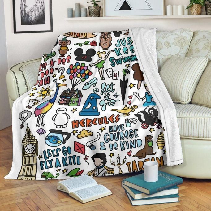 Funny Disney Doodle Fleece Blanket Gift For Fan, Premium Comfy Sofa Throw Blanket Gift
