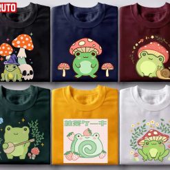 Kawaii Cute Frog With Mushrooms Cottage Vintage Illustration Spring 9 Styles T-Shirts