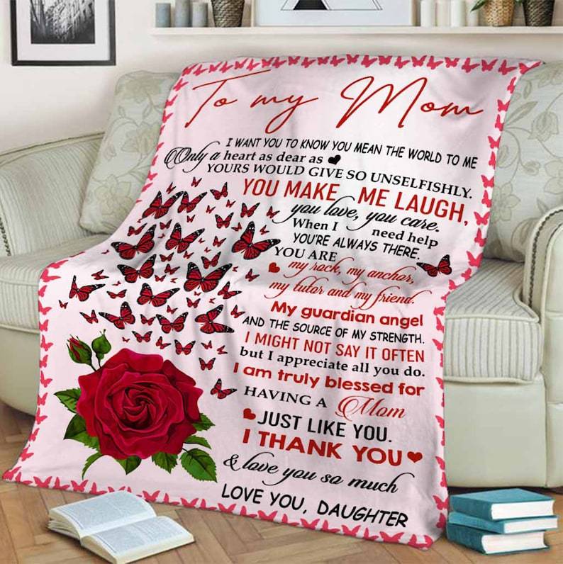 Letter To My Mom Red Rose Butterfly Blanket Fleece Blanket For
