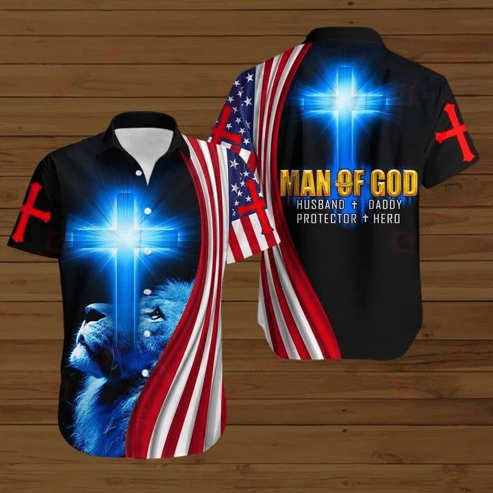 Lion Cross American Flags 4th Of July Independence Day Man Of God Husband Daddy Protector Hero Hawaiian Shirt