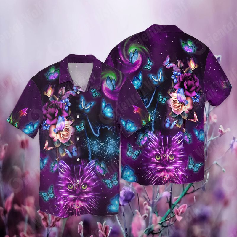 Memorial Day Butterfly Cat Neon Hawaiian Shirt