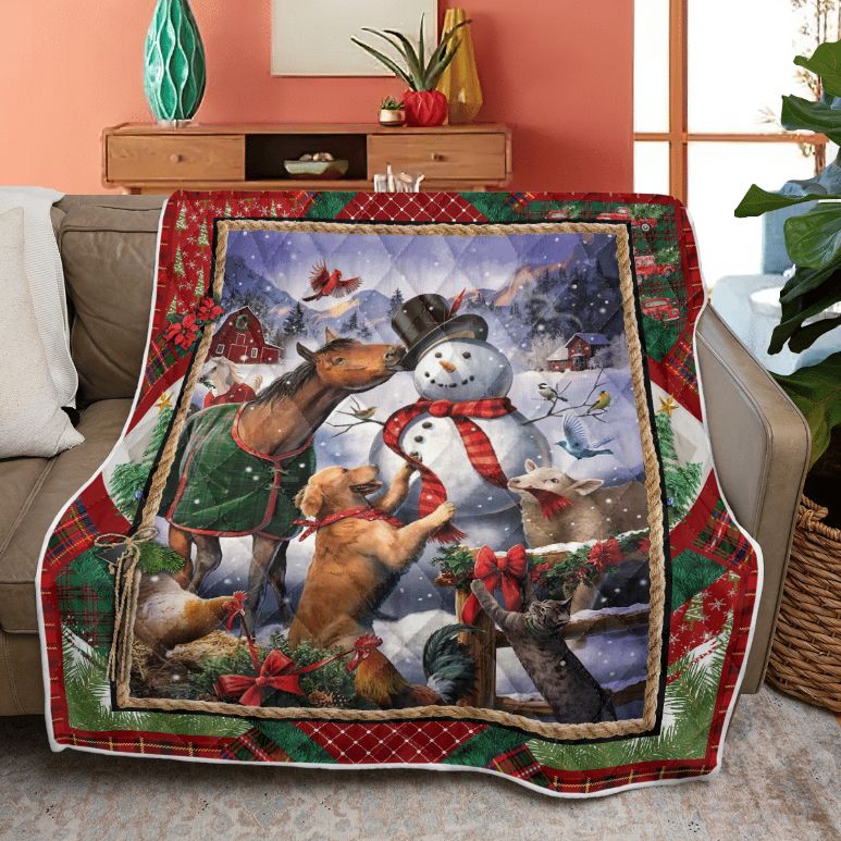 Merry Christmas Quilt Blanket, Christmas Farm Animals And Snowman Quilt Blanket