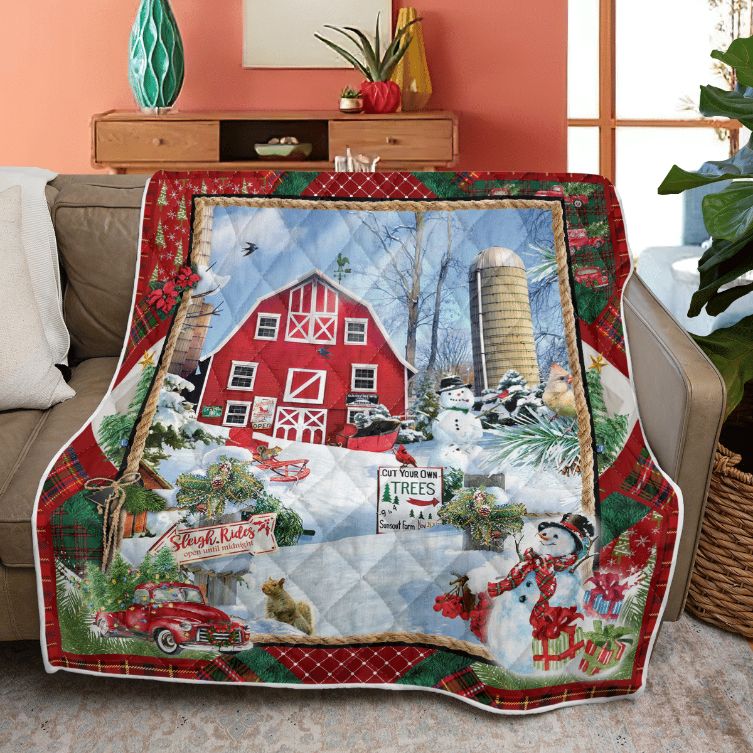 Merry Christmas Quilt Blanket, Christmas Gift, Christmas A Snowy Day Of The Farm Quilt Blanket