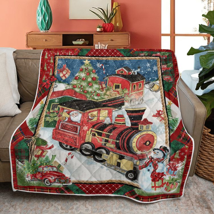 Merry Christmas Quilt Blanket, Christmas Gift, Christmas All Aboard Quilt Blanket