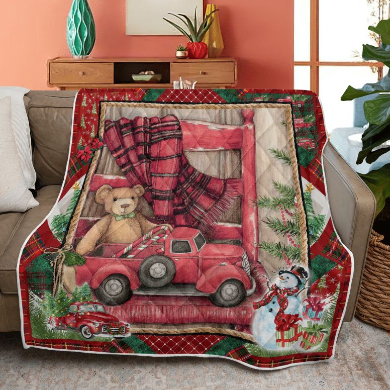 Merry Christmas Quilt Blanket, Christmas Gift, Christmas Bear In Chair Quilt Blanket