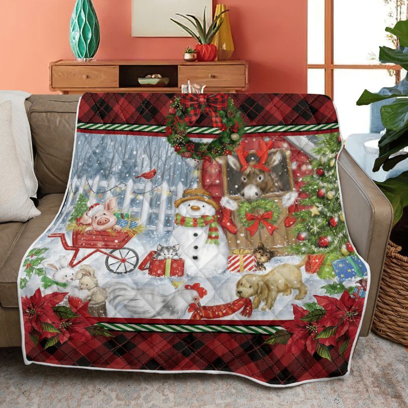 Merry Christmas Quilt Blanket, Christmas Gift, Christmas Farm Animals Quilt Blanket