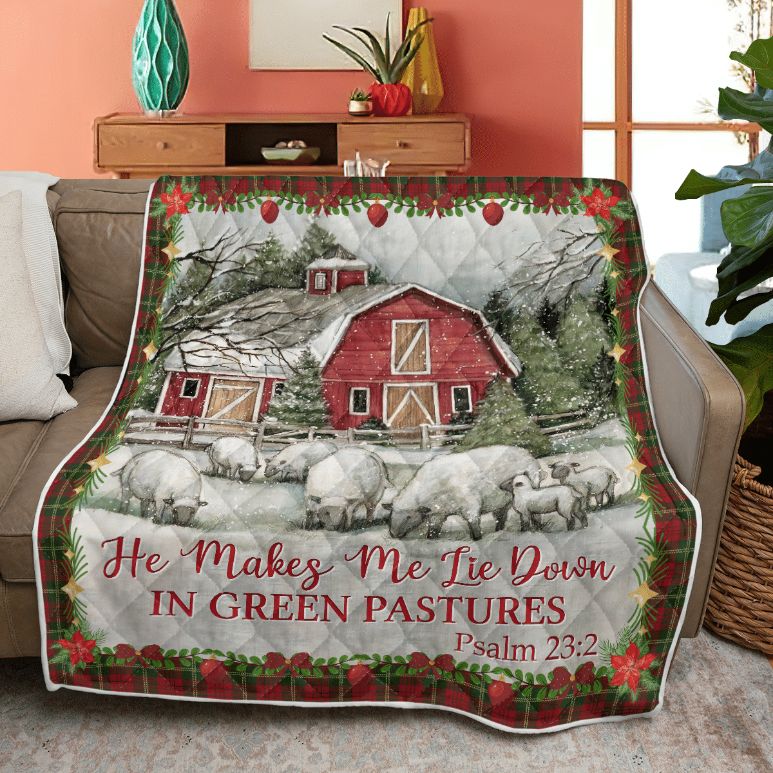 Merry Christmas Quilt Blanket, Christmas Gift, Christmas He Makes Me Lie Down Goat Art Quilt Blanket