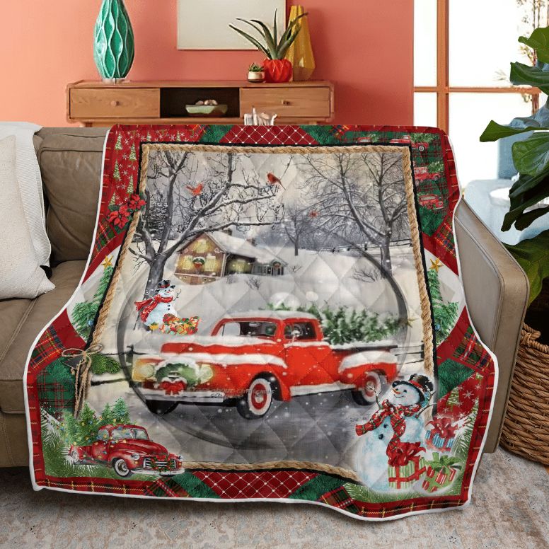 Merry Christmas Quilt Blanket, Christmas Gift,  Christmas Red Truck Quilt Blanket