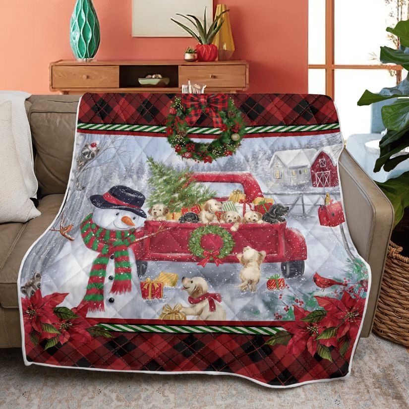 Merry Christmas Quilt Blanket, Christmas Gift, Christmas Red Truck With Puppies Quilt Blanket