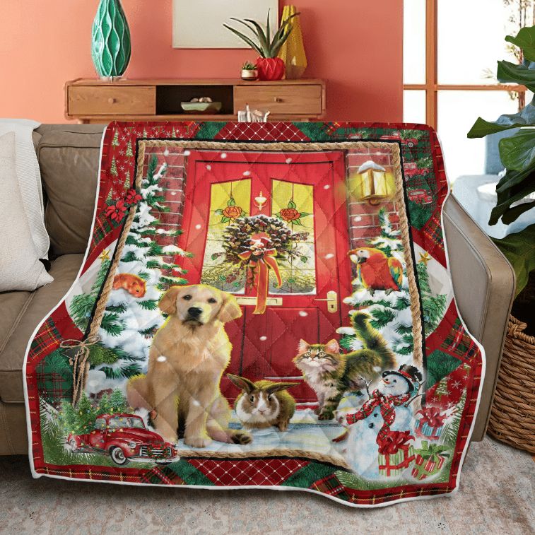 Merry Christmas Quilt Blanket, Christmas Gift, Christmas Welcome Labrador Quilt Blanket