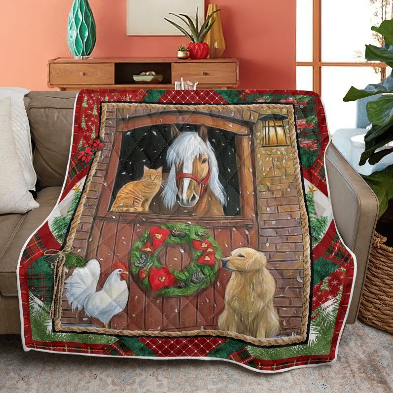 Merry Christmas Quilt Blanket, Christmas Gift,  Farm Animals Christmas Quilt Blanket