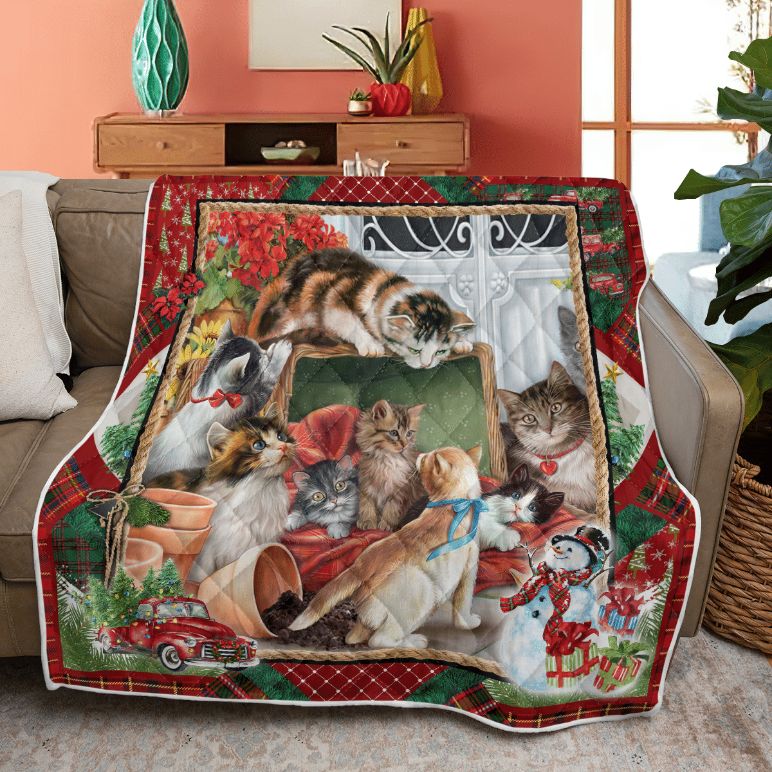 Merry Christmas Quilt Blanket, Christmas Gift, Garden Cats Quilt Blanket