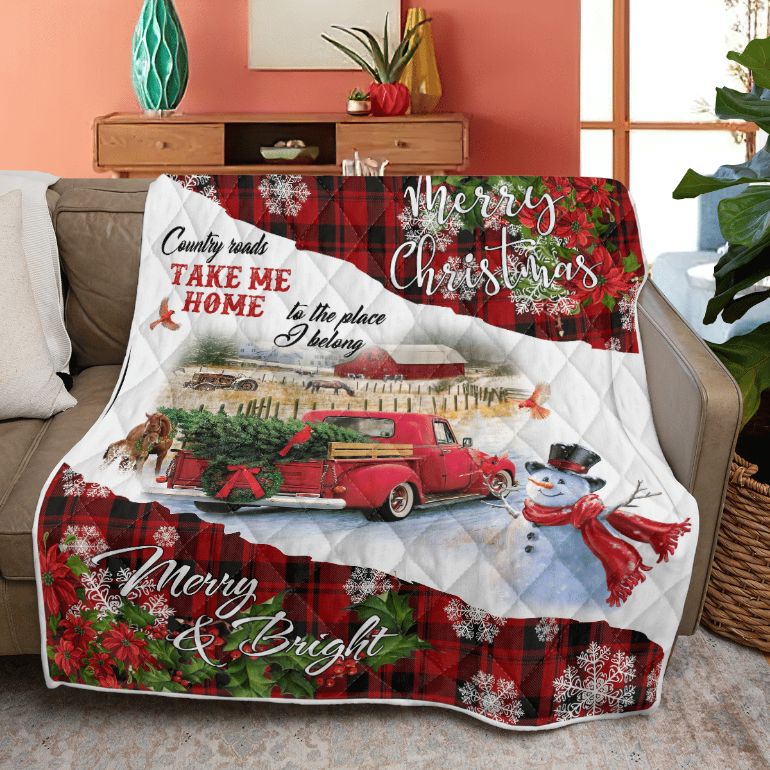 Merry Christmas Quilt Blanket, Christmas Gift, Merry Christmas Country Road Take Me Home Quilt Blanket