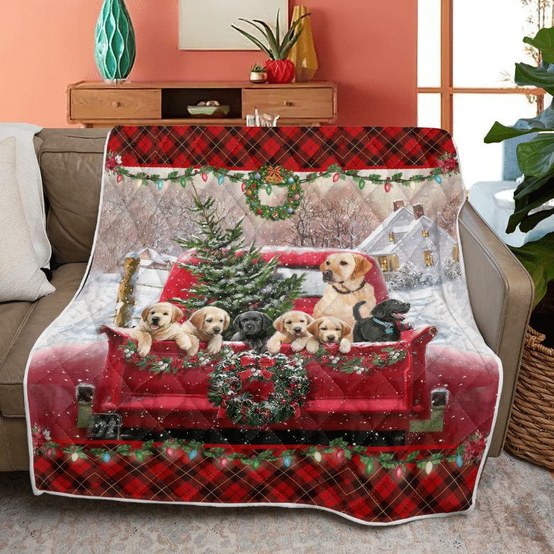 Merry Christmas Quilt Blanket, Christmas Gift, Merry Christmas Dog In Red Truck Quilt Blanket