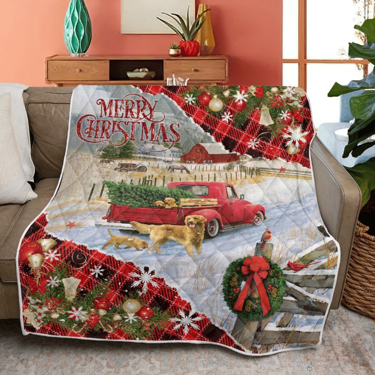 Merry Christmas Quilt Blanket, Christmas Gift, Merry Christmas Red Truck Quilt Blanket