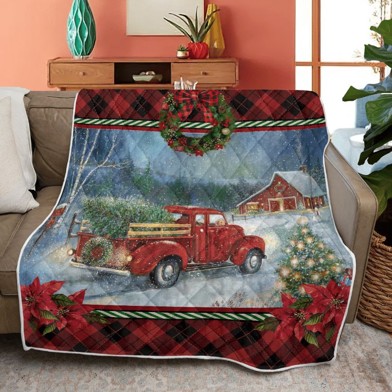 Merry Christmas Quilt Blanket, Christmas Gift, Red Truck Christmas Tree In Night Quilt Blanket