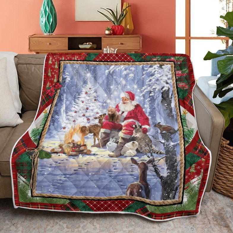 Merry Christmas Quilt Blanket, Christmas Gift, Santa Claus In Forest Quilt Blanket