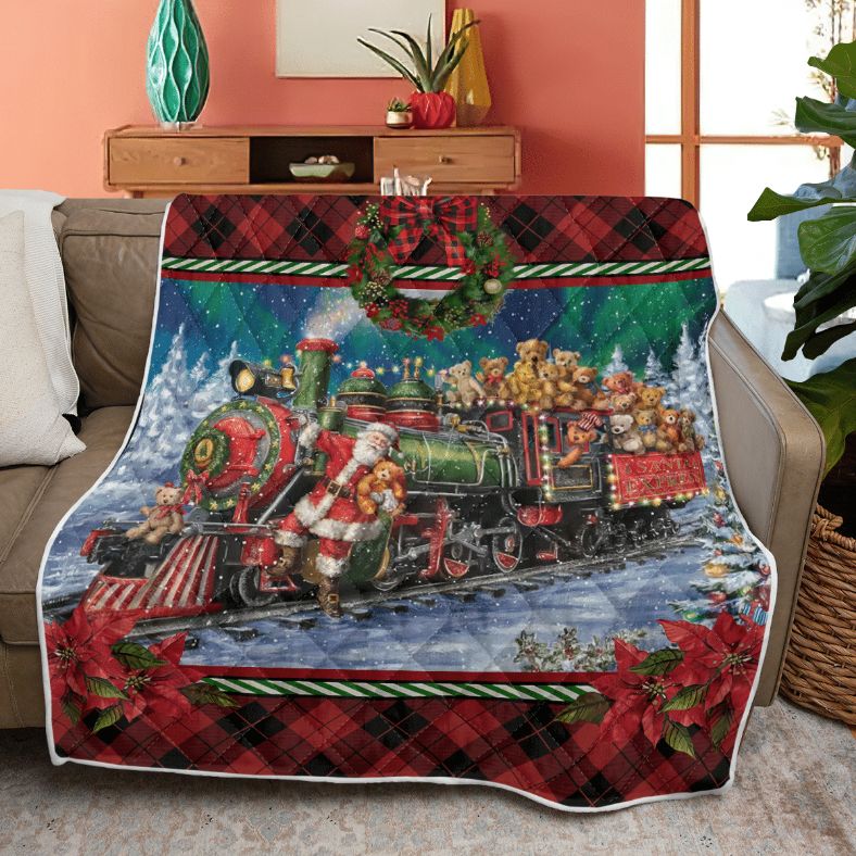 Merry Christmas Quilt Blanket, Christmas Gift, Santa Riding Train With Toy Bears Quilt Blanket