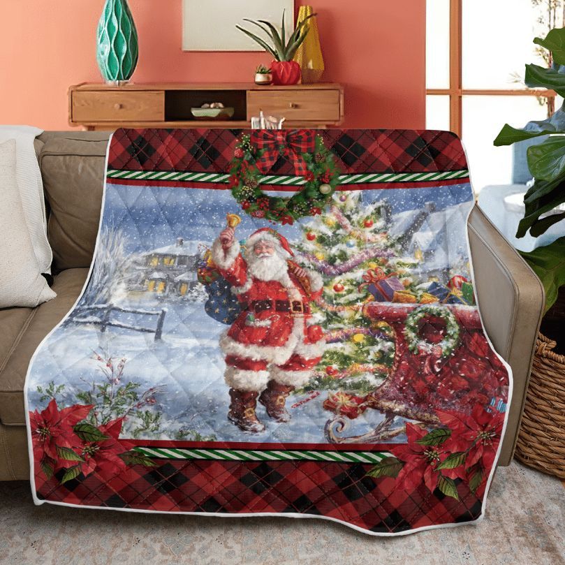 Merry Christmas Quilt Blanket, Christmas Gift, Santa Ringing Bell With Sleigh Quilt Blanket