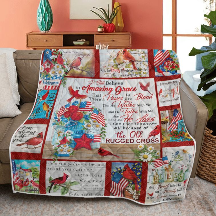 Merry Christmas Quilt Blanket, Christmas Gift,  The Old Rugged Cross Cardinal Quilt Blanket