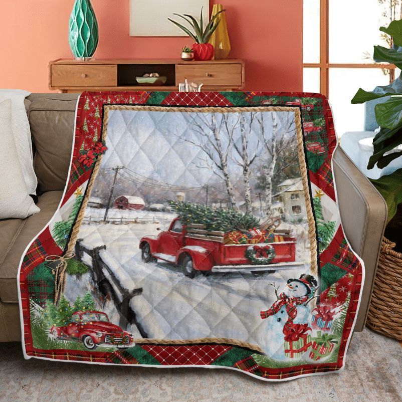 Merry Christmas Quilt Blanket, Christmas Red Truck Quilt Blanket