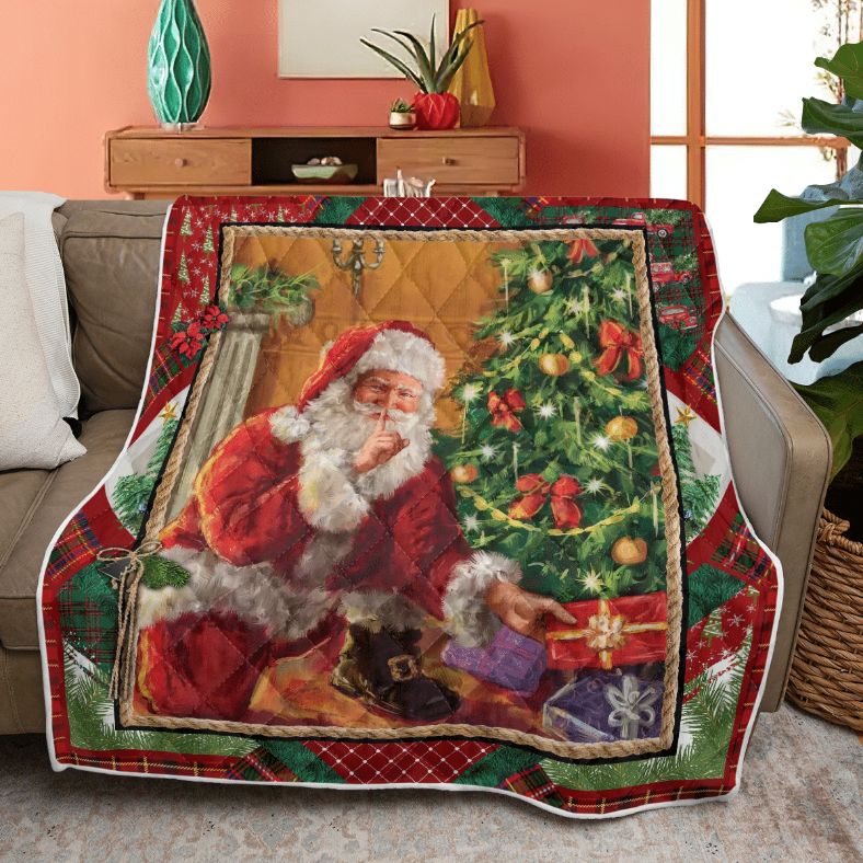 Merry Christmas Quilt Blanket, Christmas Santa Under The Tree Quilt Blanket