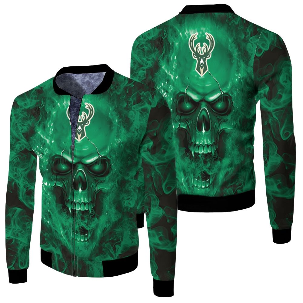 Milwaukee Bucks Nba Fans Skull Fleece Bomber Jacket