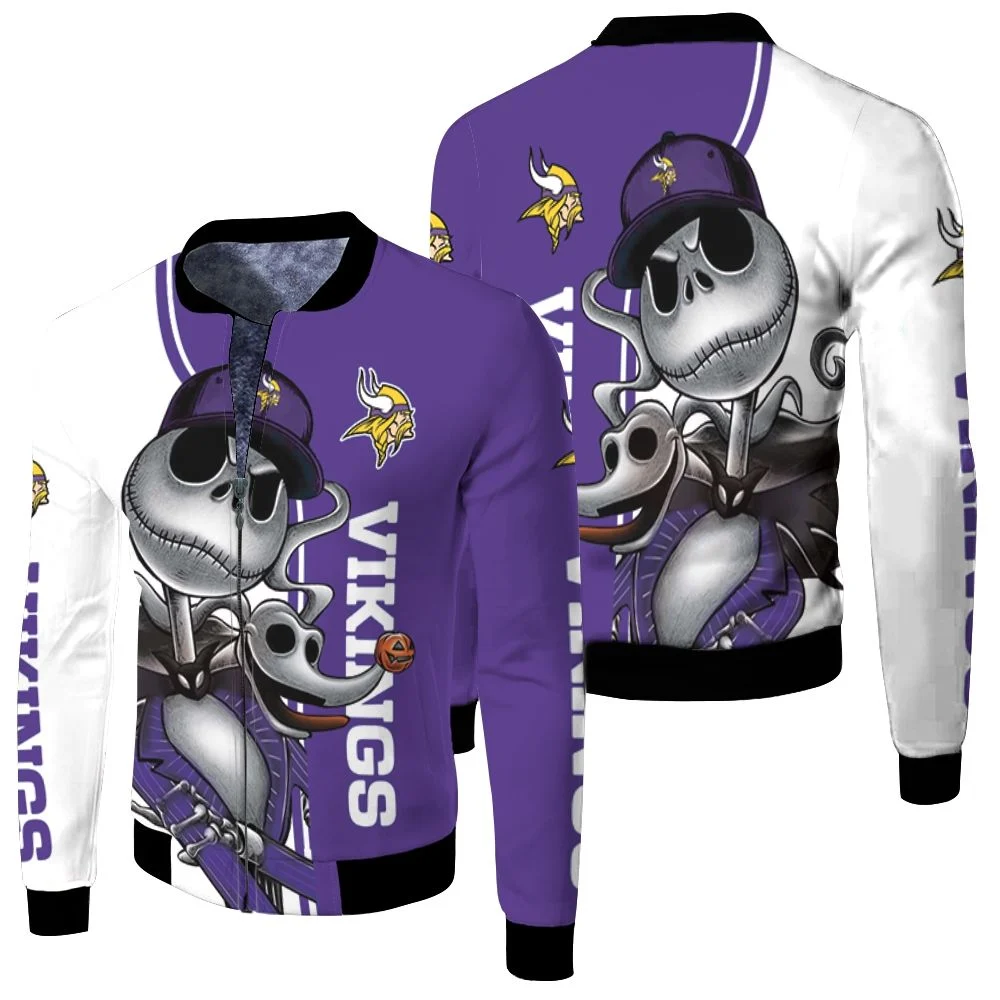 Minnesota Vikings Jack Skellington And Zero Fleece Bomber Jacket