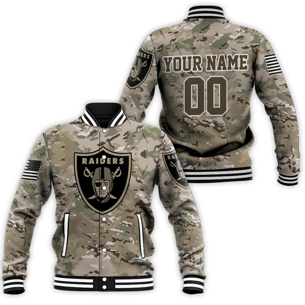 Oakland Raiders Camouflage Veteran Personalized Baseball Jacket