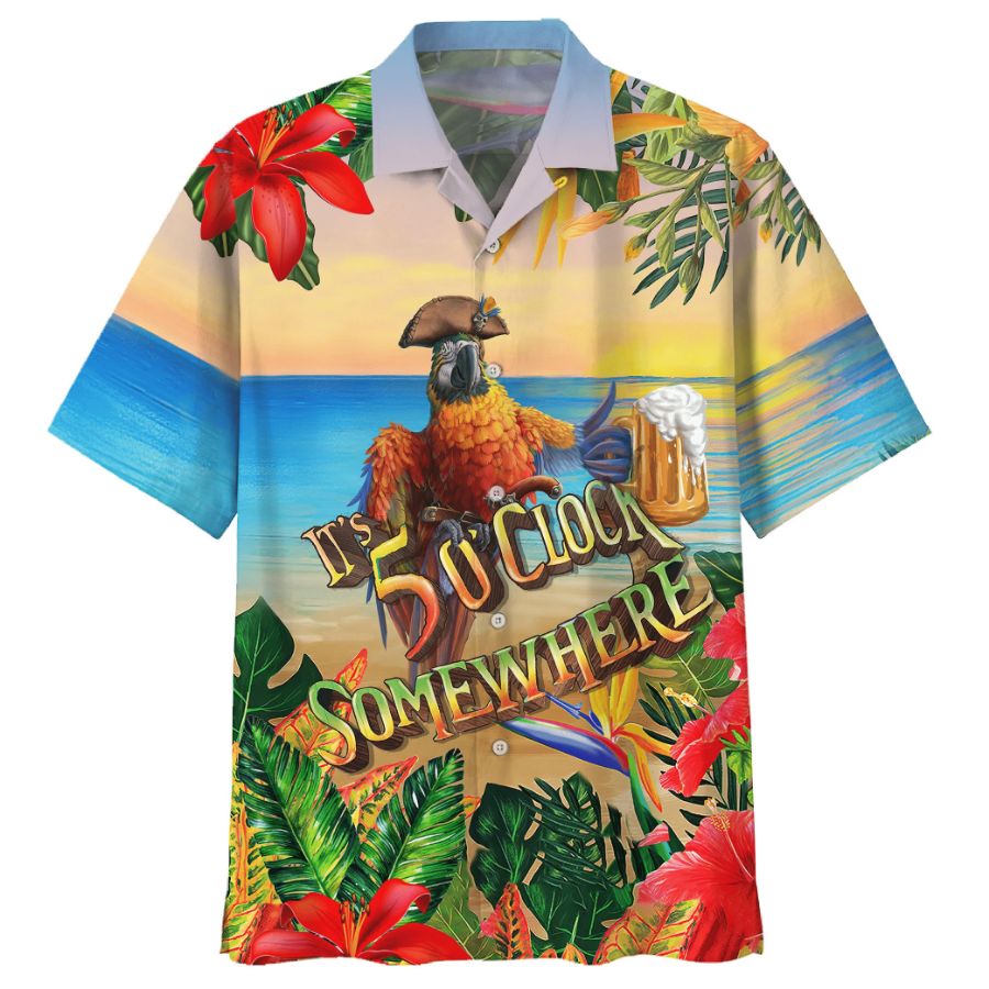 Parrot It_s 5 O_clock Somewhere Print Hawaiian Shirt - Teeruto