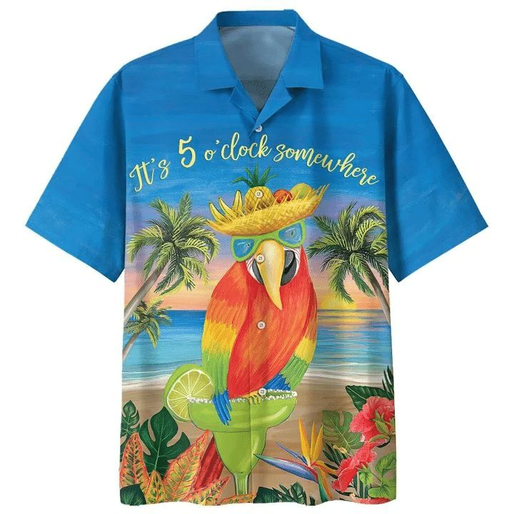 Parrot It's 5 O'clock Somewhere Tropical Print Hawaiian Shirt - Teeruto