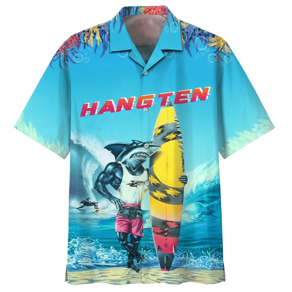 Shark Hang Ten Print Hawaiian Shirt