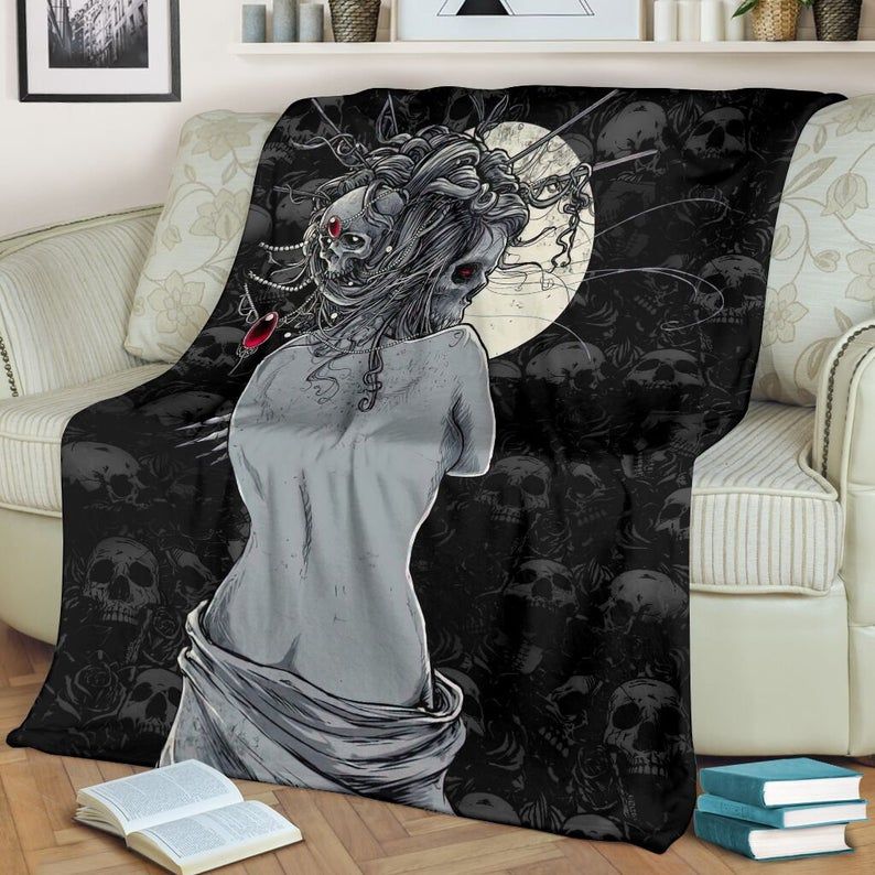 Skull Girl Devil Under The Moon Fleece Blanket, Premium Comfy Sofa Throw Blanket Gift