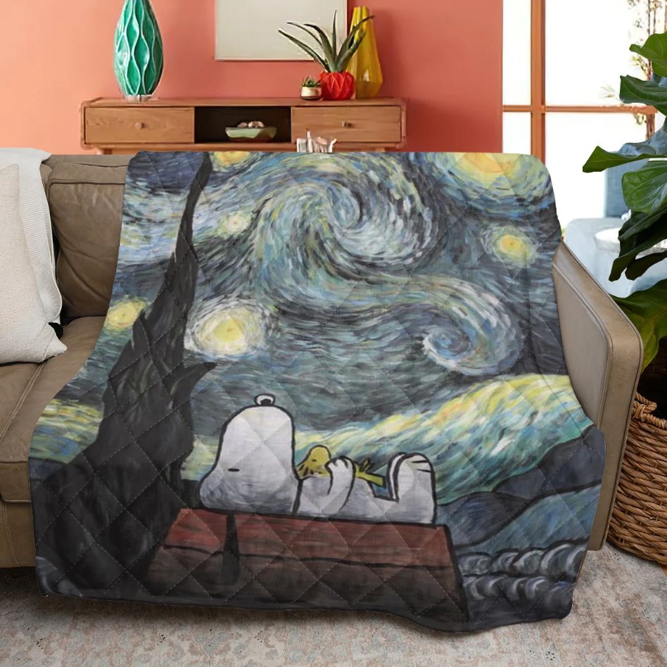 Snoopy Quiltblanket Gift For Fan, Snoopy Peanuts Woodstock Starry Night Quiltblanket
