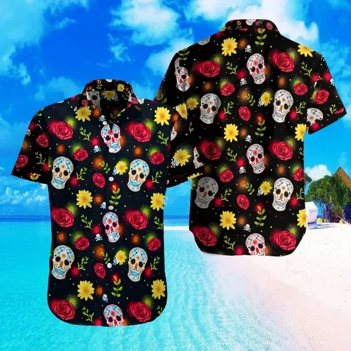 Sugar Skull With Rose Hawaiian Shirt