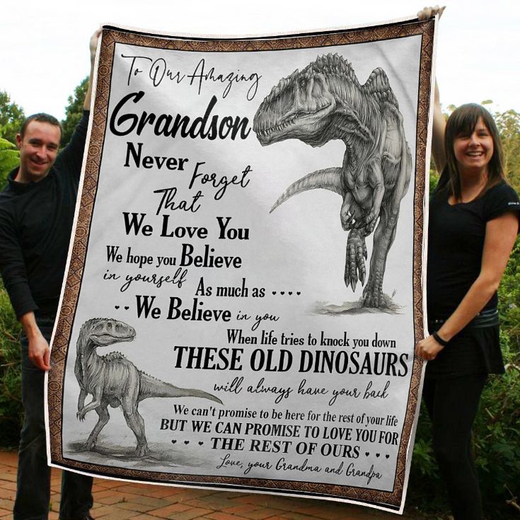 To My Grandson Dinosaur Always Have Your Back From Grandma And Grandpa Fleece Blanket Quilt Blanket